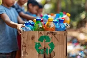 ai-generated-hands-holding-a-recycling-box-filled-with-various-recyclable-items-on-beach-environment-day-concept-generative-ai-photo