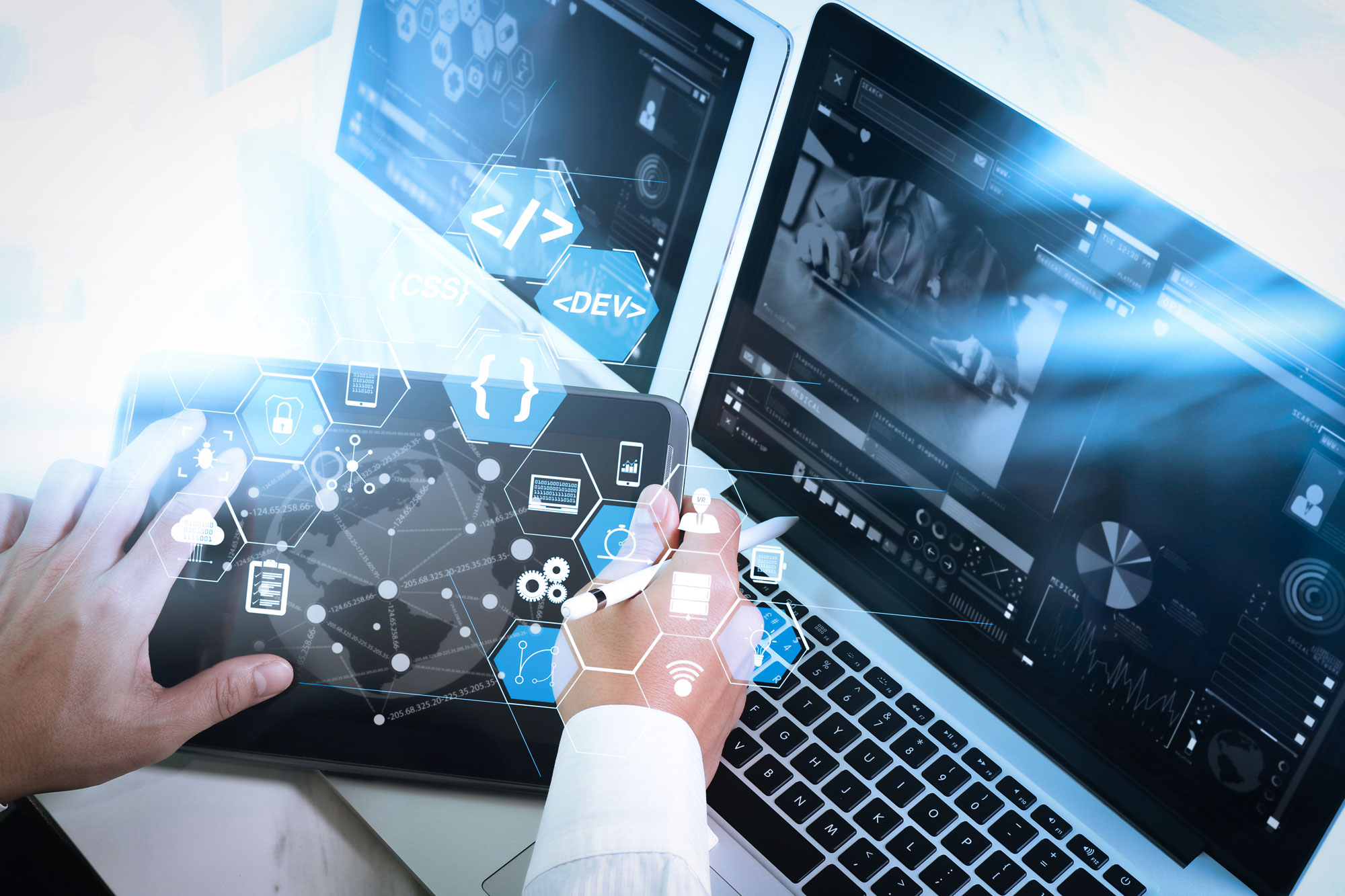 Software developer working on coding with augmented reality dashboard